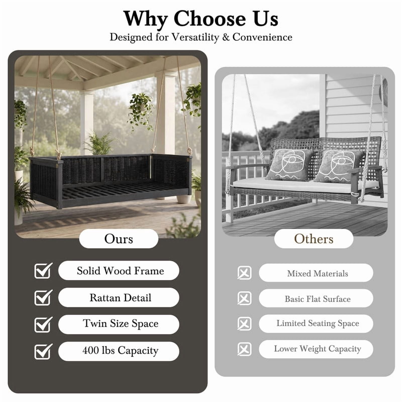 Outdoor Acacia Wood Twin Size 2-Seat Porch Swing Bench, Rattan Hanging Swing Chair Bed with Ropes for Patio, Garden, Backyard