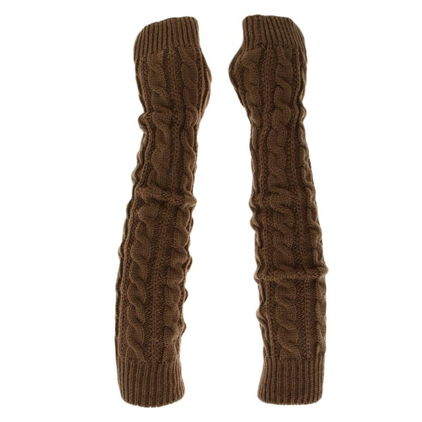 Guantes de invierno largos y gruesos para mujer, sin dedos, con agujeros para los pulgares. marrón