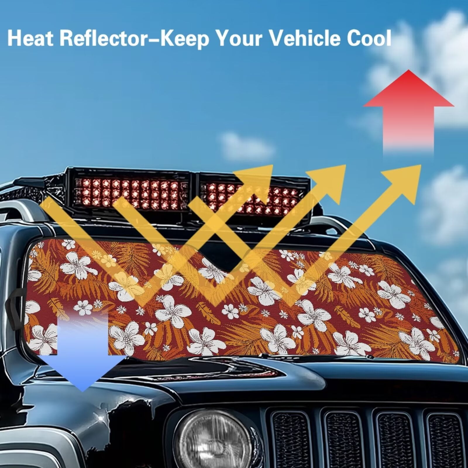 Uorisanigo Hawaiian Flowers Windshield Sunshade for Jeep Wrangler TJ JK JKU Sport Sahara Rubicon 2 Door & 4 Door Foldable Front Window Shade, Sun Visor Reflect UV Sun and Heat