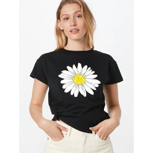Plus Size Daisy Print Short Sleeve T-shirt, Women's Plus Slight Stretch Round Neck Casual Tee For Adult, Men, Women, Teen, Teenager, Adolescent, Youth