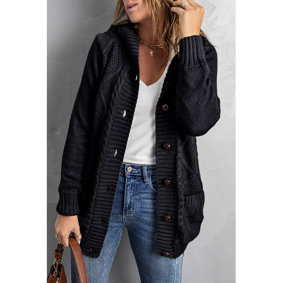 FOLUNSI Elegant Black Button-Up Hoodie Sweater, Tunic Style, Beauty Fit