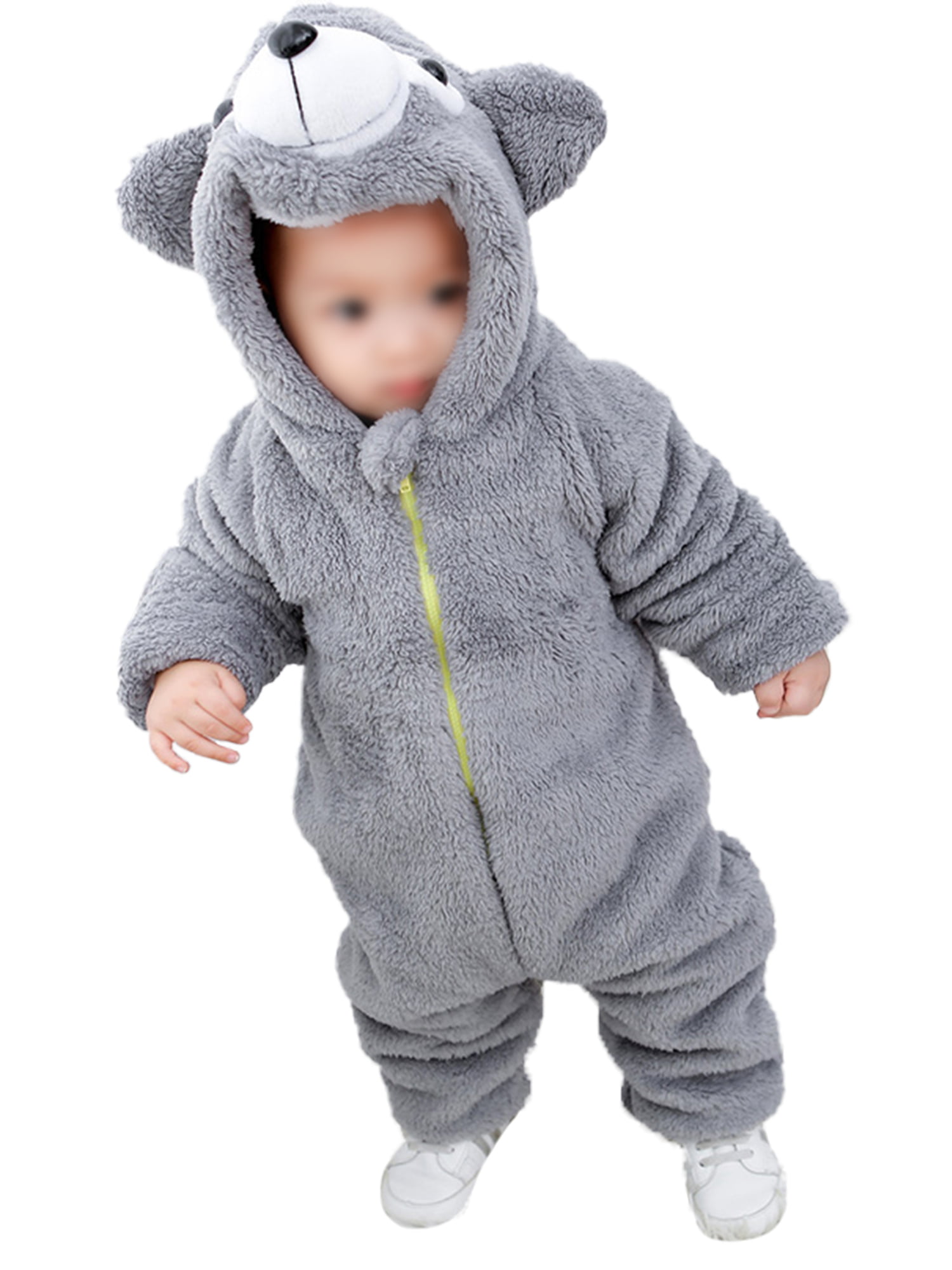 BABY BOY/ GIRL Fleece Body Suit All In One Hood Ears Animal Themed Playsuit 