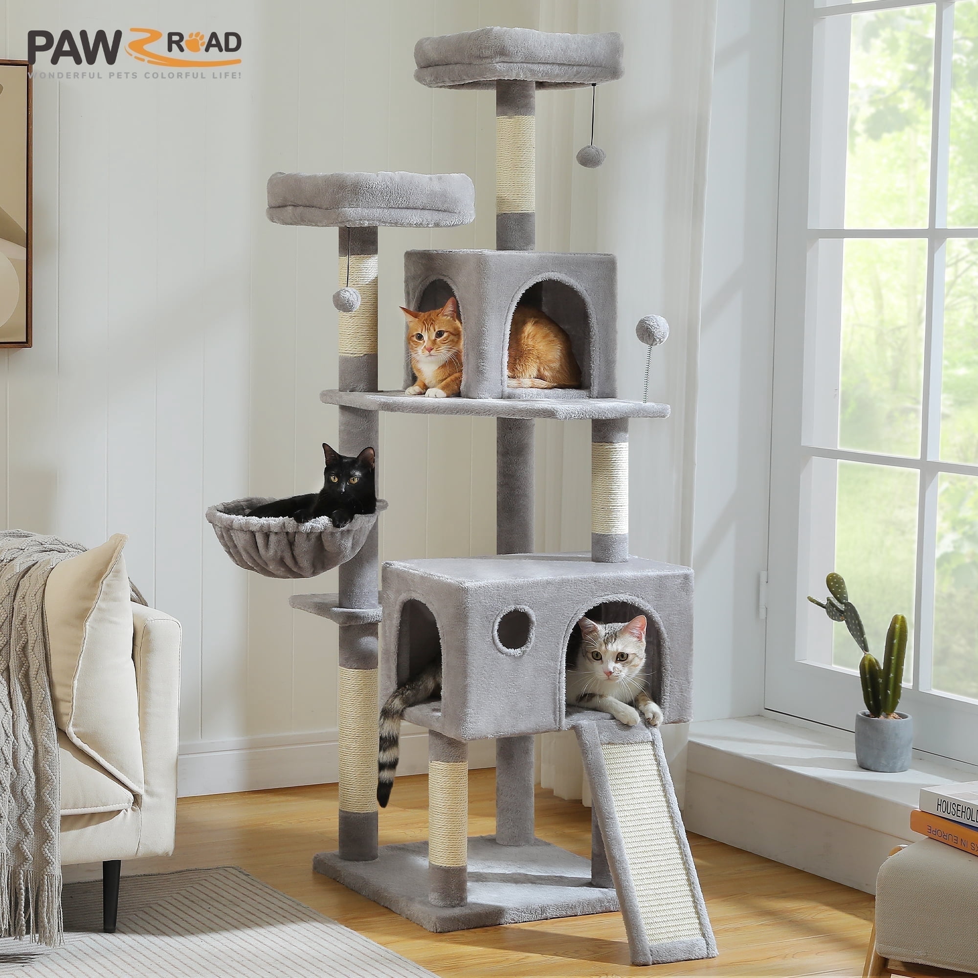 PAWZ Road 64 in Cat Tree for Cats of All Sizes, 5 Level Cat Tower with Hammock, Condo, Ramp Ladder and 5 Sisal Scratching Posts, Gray