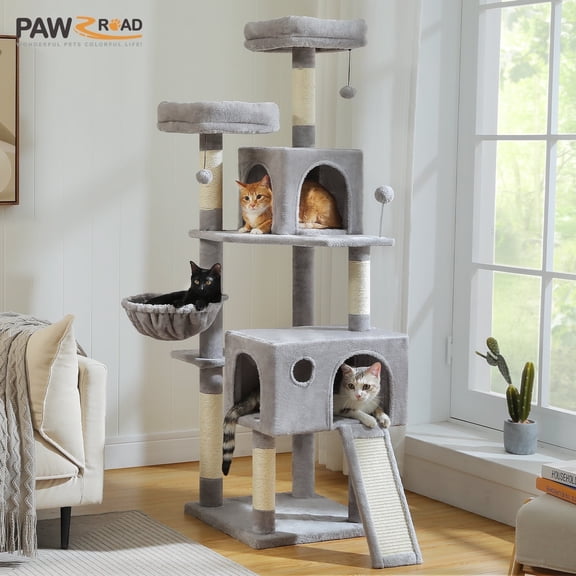 PAWZ Road 64" Cat Tree Large Cat Tower Multi-Level Cat Scratching Post Tower, Gray