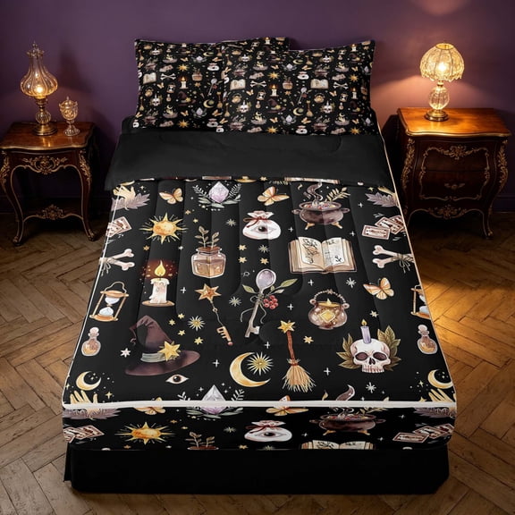 Homewish Halloween Witch Zipper Twin Comforter Sets with Fitted Sheet and 2 Pillowcases for Kids Girls, Magic Book Zipper Bedding Set, Black, Black Reversible