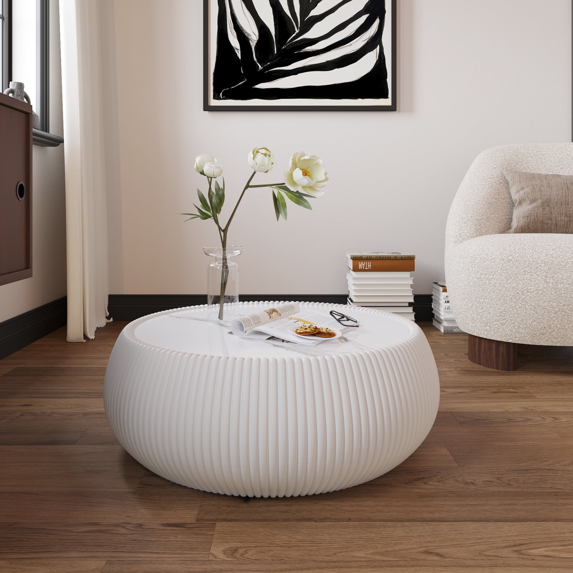 Leumius Round Coffee Table,Cylinder Shape Leather Coffee Modern Sofa Table for Living Room, Bedroom and Outdoor Home Decor White