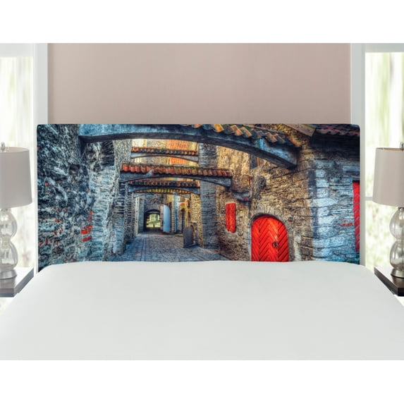 Medieval Headboard, Old Stone Street Passage Estonia Middle Ages Town Heritage Photo Art, Upholstered Decorative Metal Bed Headboard with Memory Foam, Full Size, Grey Red Brown, by Ambesonne