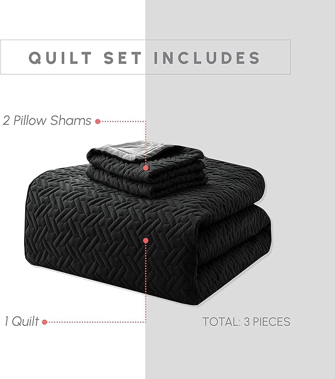 Elegant Comfort 3-Piece Quilted Reversible Bedspread Coverlet Set with Pillow Shams, Exquisite Majestic Stitching All Season Heavy Weight - Ultra Soft Premium Quilt- Full, Black/Gray