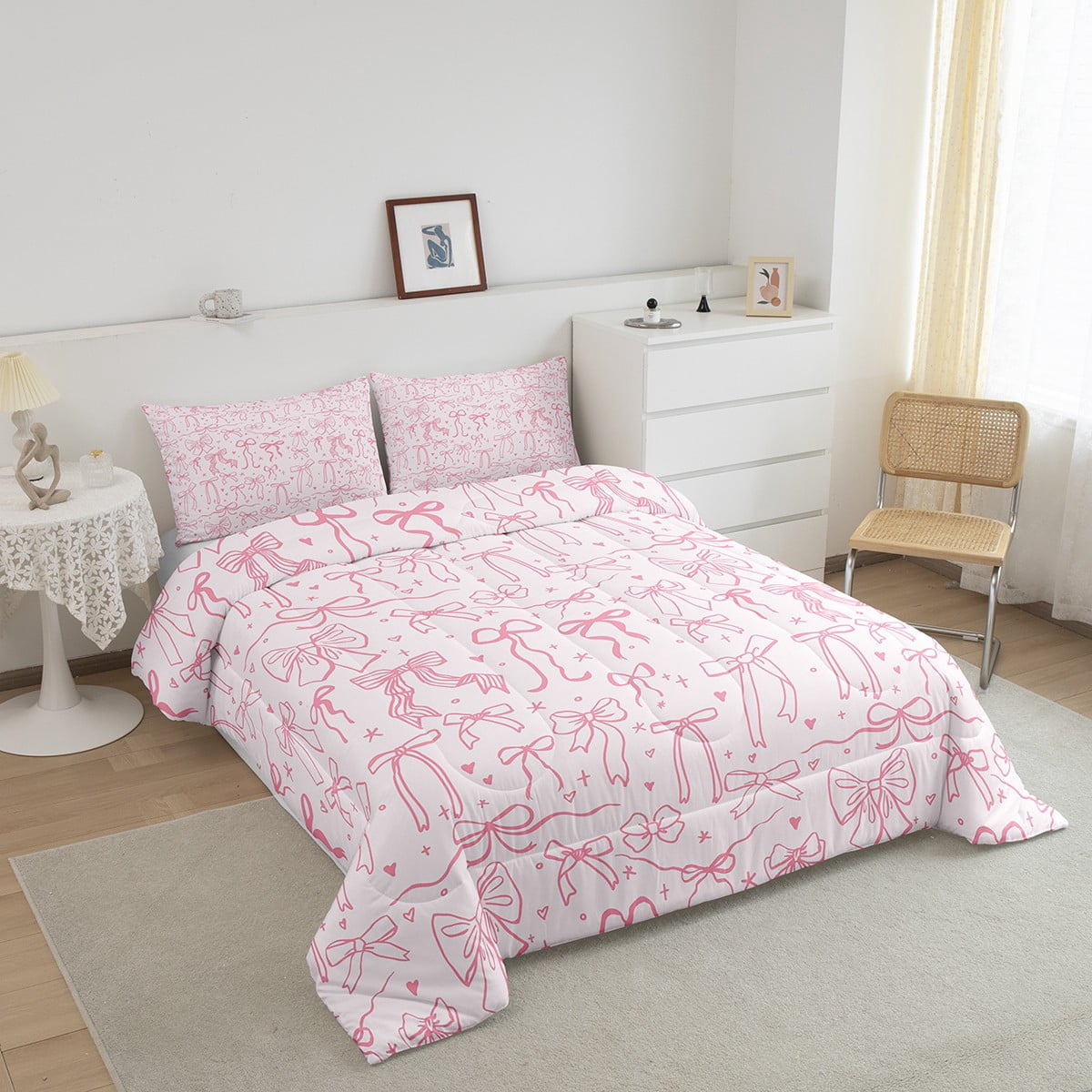 Pink Bowknot Comforter Set Twin Size,Princess Bedding Sets,Cartoon Bow Tie Butterfly Knot Quilt Set Bow Stars Love Pink Sweet Girly Duvet Insert Teens Woman Room Decor 2Pcs
