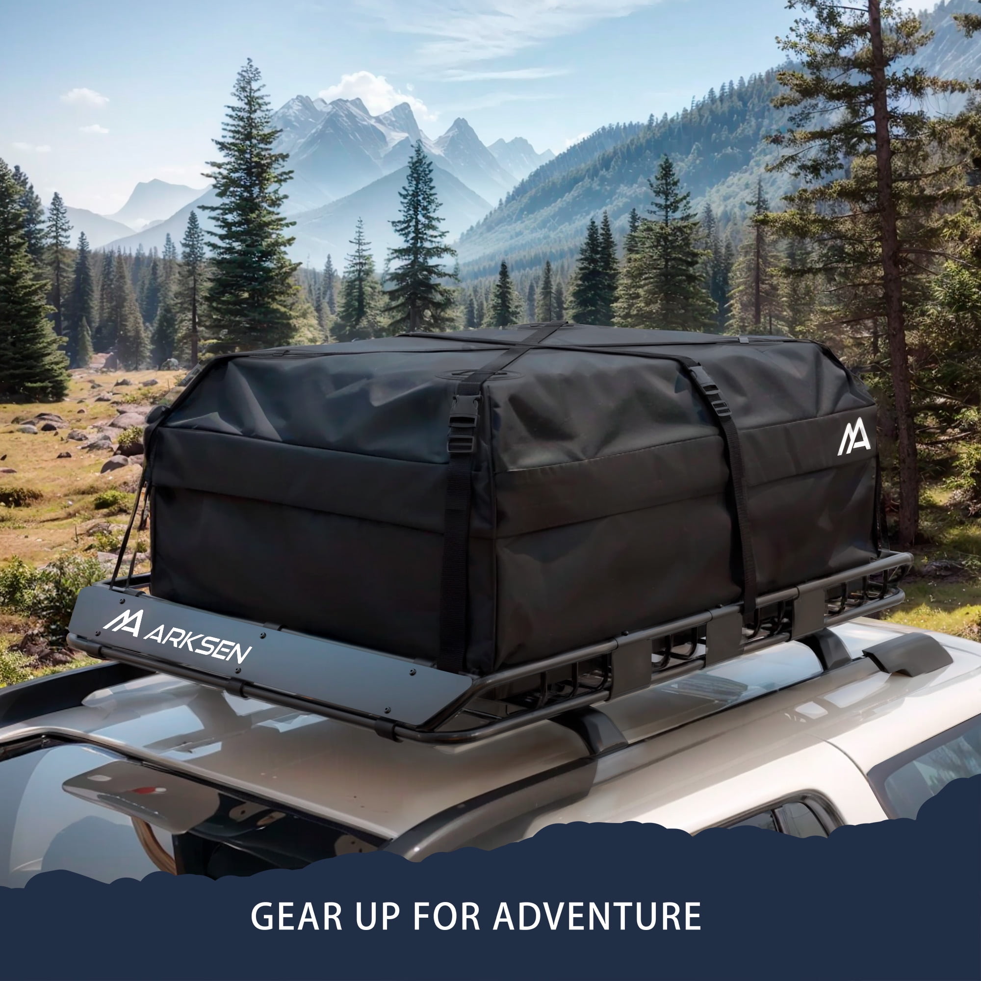 ARKSEN 54 x 39 x 5 Inch Upgrade Universal Roof Rack with Waterproof Bag, Cargo Net&2 Ratchet Straps - 150Lbs Capacity Heavy Duty Cargo Carrier with Extension for Car, SUV & Pickup