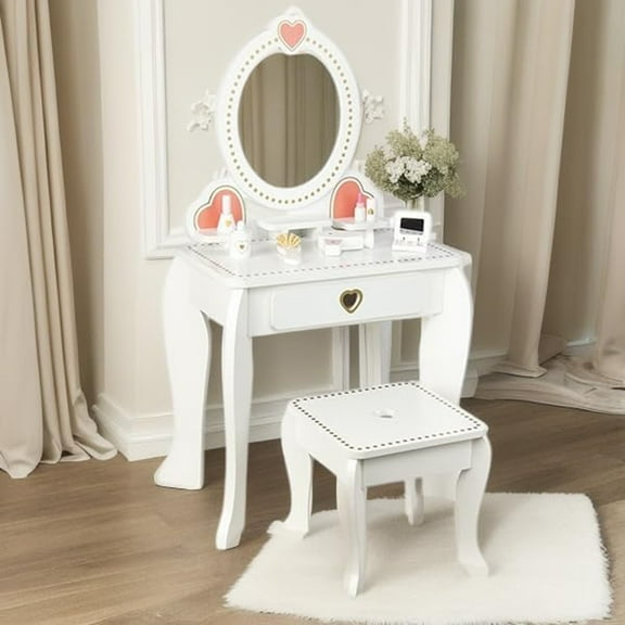 WoodenEdu Kids Vanity Set with Mirror and Stool, Beauty Makeup Vanity Table and Chair Set,White