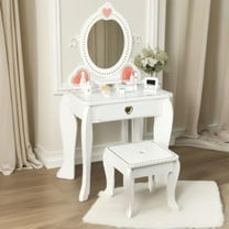 WoodenEdu Kids Vanity Set with Mirror and Stool, Beauty Makeup Vanity Table and Chair Set,White
