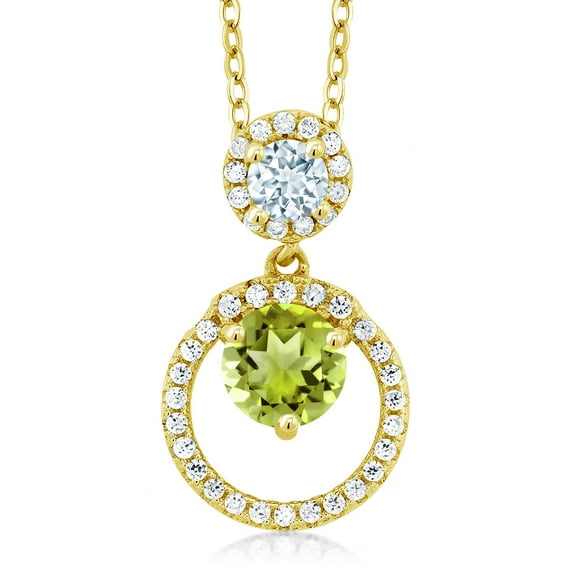 Gem Stone King 18K Yellow Gold Plated Silver Green Peridot and Sky Blue Aquamarine Pendant Necklace for Women (1.85 Cttw, Gemstone August Birthstone, Round 6MM and 4MM)
