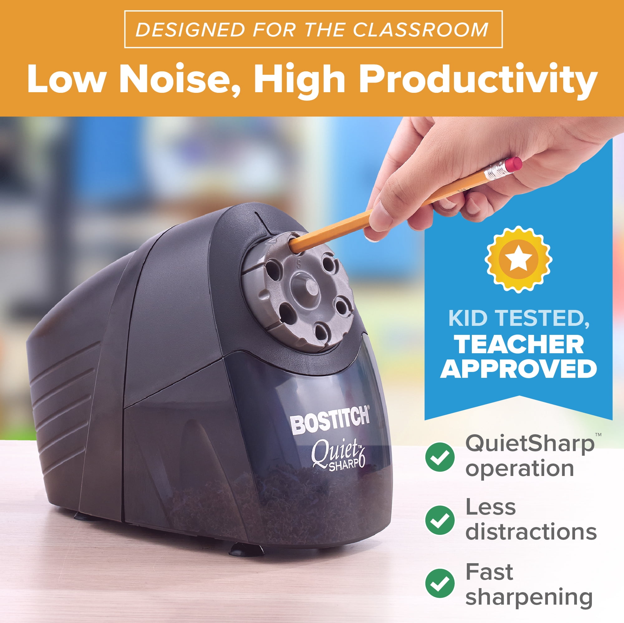 Bostitch Office QuietSharp 6 Electric Pencil Sharpener, Heavy Duty Classroom Sharpener, Perfect for Classroom and Homeschool Use, Black