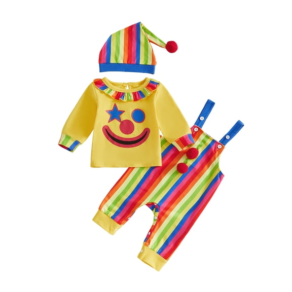 RUINIXCW Baby Boy Halloween Clown Adorable Long Sleeve Clown Face Print Tops and Striped Suspender Pants Hat Set