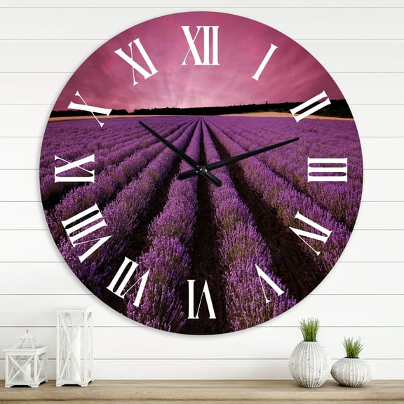 Designart 'Sunrise & Dramatic Clouds Over Lavender Field Xi' Farmhouse Wall Clock