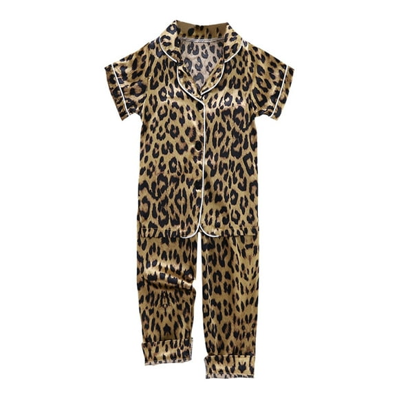 Summer Baby Kids Girls Boys Leopard Print Printing Short Sleeve Pajamas Tops+Sleep Pants