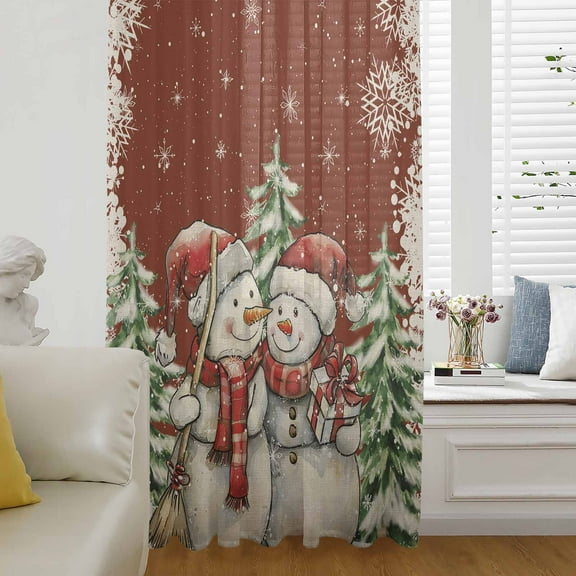 Red Christmas Snowman Semi Sheer Curtains Drapes for Living Room, Bedroom, French Doors Window 54 Inches Long, Xmas Tree Snowflake Vintage Rod Pocket Chiffon Curtain Drapery Voile Draperies Panel