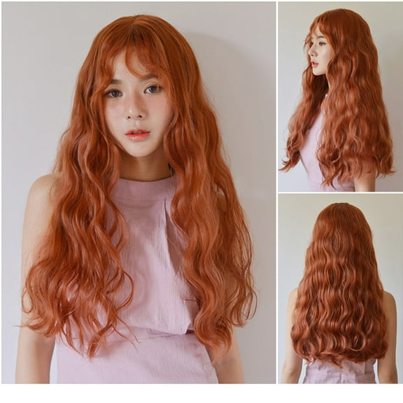 GOOHOCHY Lace Front Wig Women Long Wig Long Curly Synthetic Wig Fluffy Wig Cover with Bangs Fashion Wavy Party Cosplay Hair Wig for Women Teen Girls (Orange)