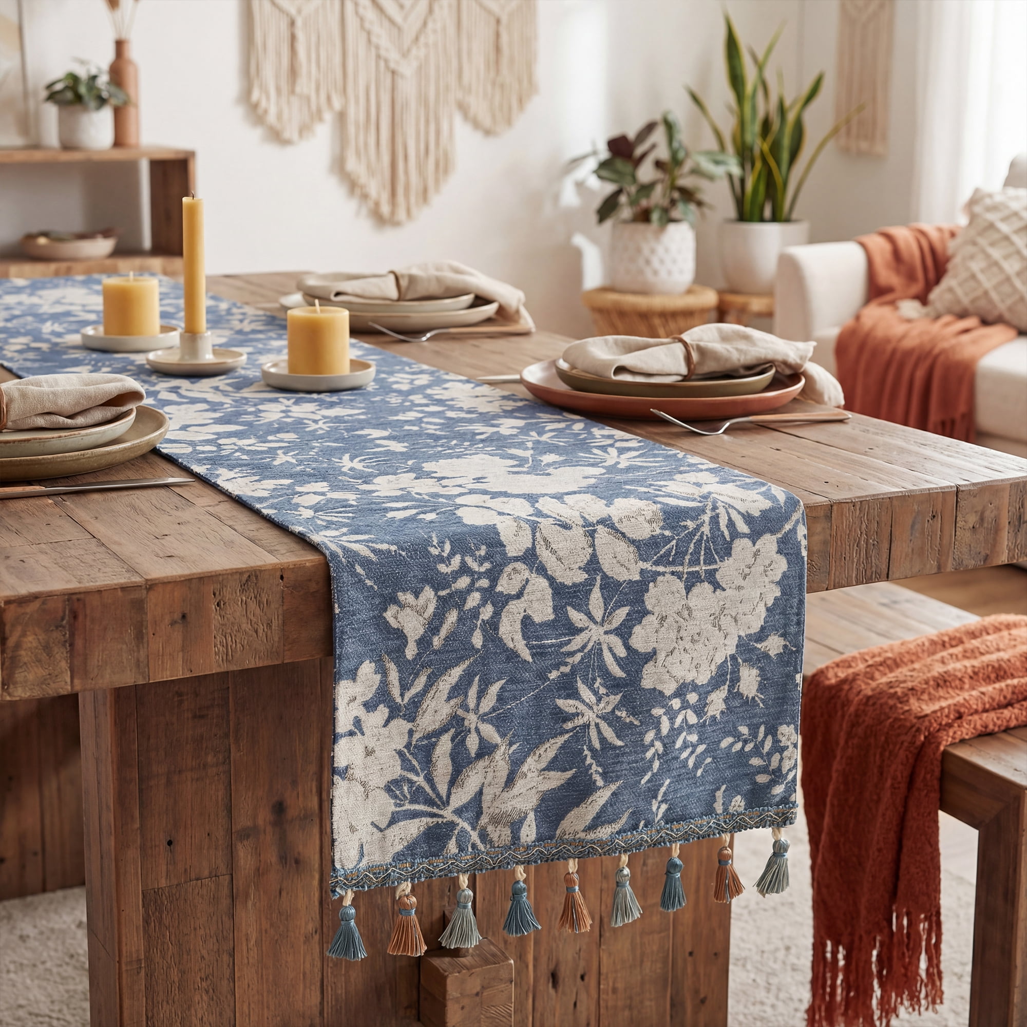 Unique Bargains Floral Table Decoration Kitchen Runner with Tassel Blue 13.8x70.9in
