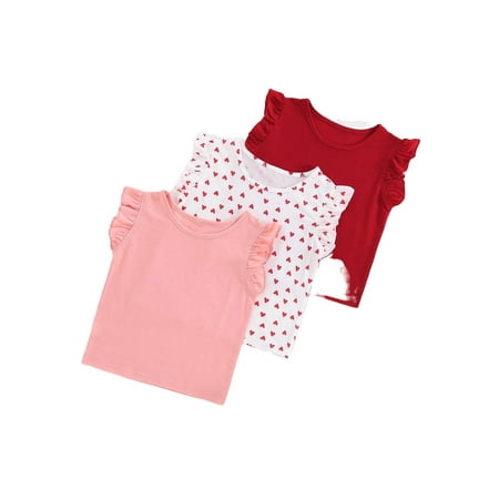 

3pcs Cute Heart Print Round Neck Sleeveless Multicolor Toddler Girls T-Shirts (Girl s)