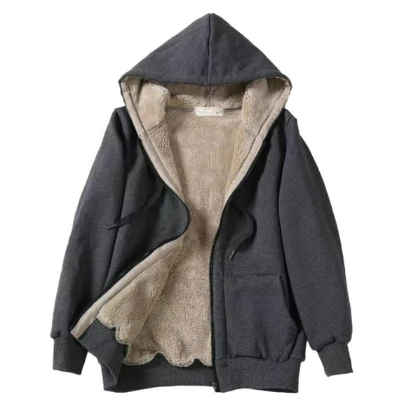 MIASHUI Women's Lined Zip Up Hoodie with Drawstring, Winter Warm Long Sleeve Casual Jacket, Plush Composite Hooded Top Dark Gray,M