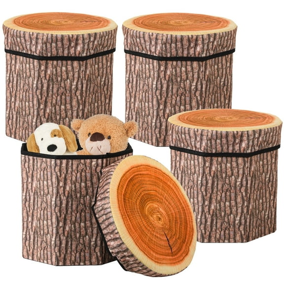 4 Pcs Tree Stump Storage Stools, Creative Storage Ottomans, Folding Chairs with Lids, Collapsible Storage Seat Chests, Versatile Tree House Accessories, Clothes Toys Storage Boxes