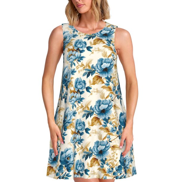 Balery Vintage Blue Flowers Vestidos de verano para mujer con estampado: vestido holgado sin mangas, vestido playero informal y cómodo para días calurosos.
