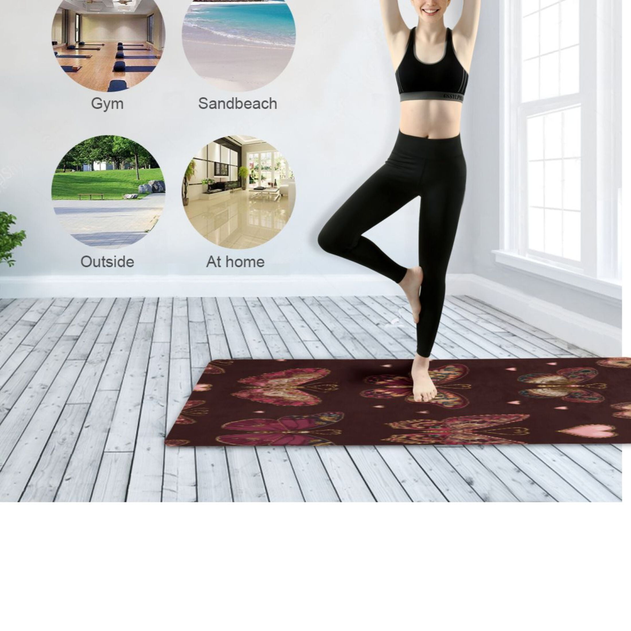 BZSMCE Yoga Mat Women Fitness Mat Gothic Butterfly Heart Tapestry Pattern