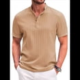 thumbnail image 1 of Camiseta Informal Henley de Corta con Cuello Mao para Hombre, Camiseta Texturizada de Playa para Verano. Caqui L, 1 of 9