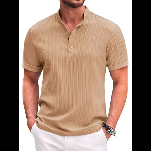 Camiseta Informal Henley de Corta con Cuello Mao para Hombre, Camiseta Texturizada de Playa para Verano. Caqui XXL