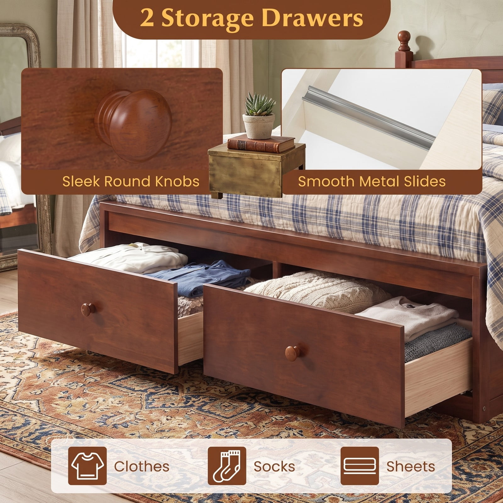 Furnibear Full Size Bed Frame with Storage, Wooden Platform Bed with Plank Headboard and 2 Storage Drawers, Walnut