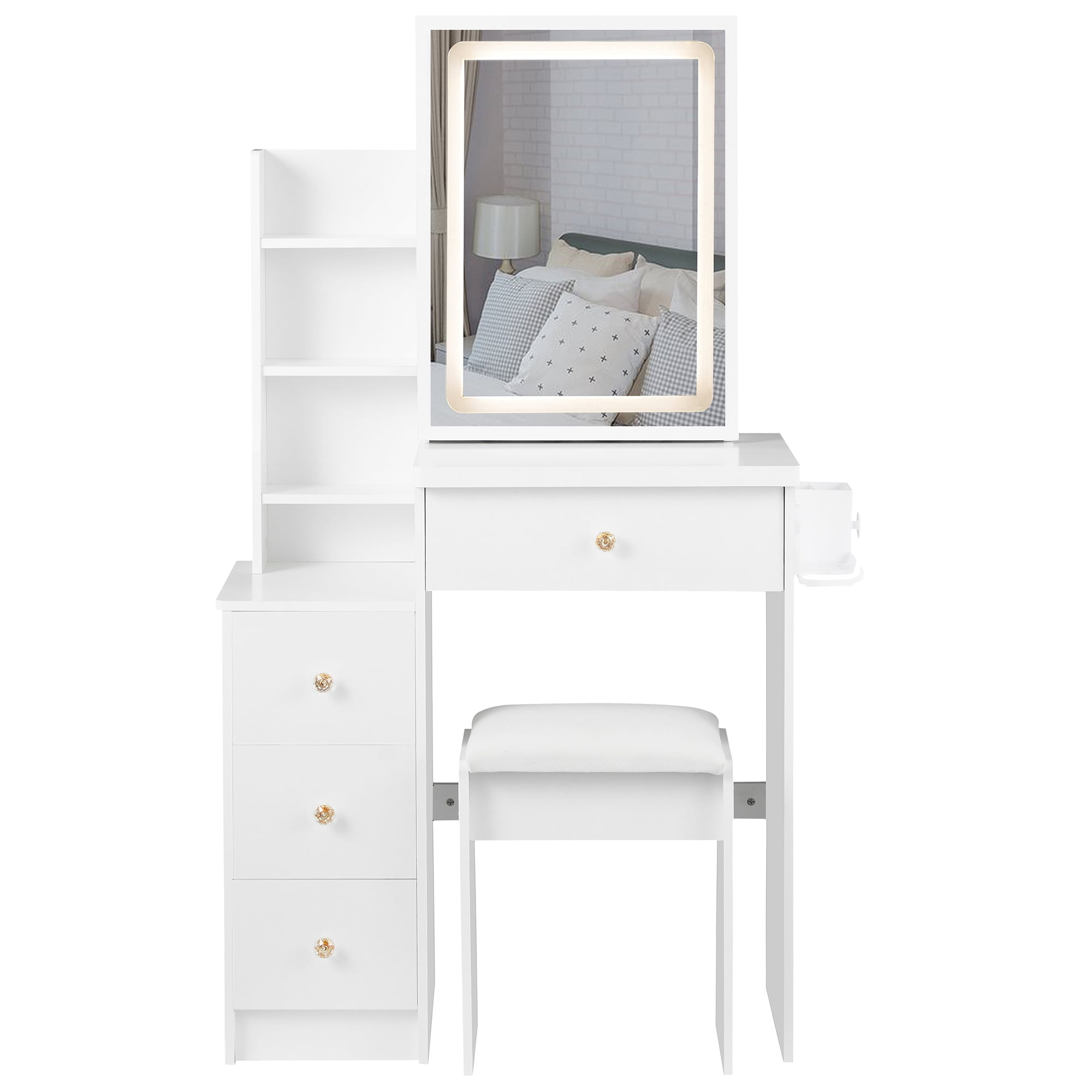 Bedside Cabinet Vanity Table + Cushioned Stool, Hair dryer bracket, Extra Large Touch Control Sliding LED Mirror