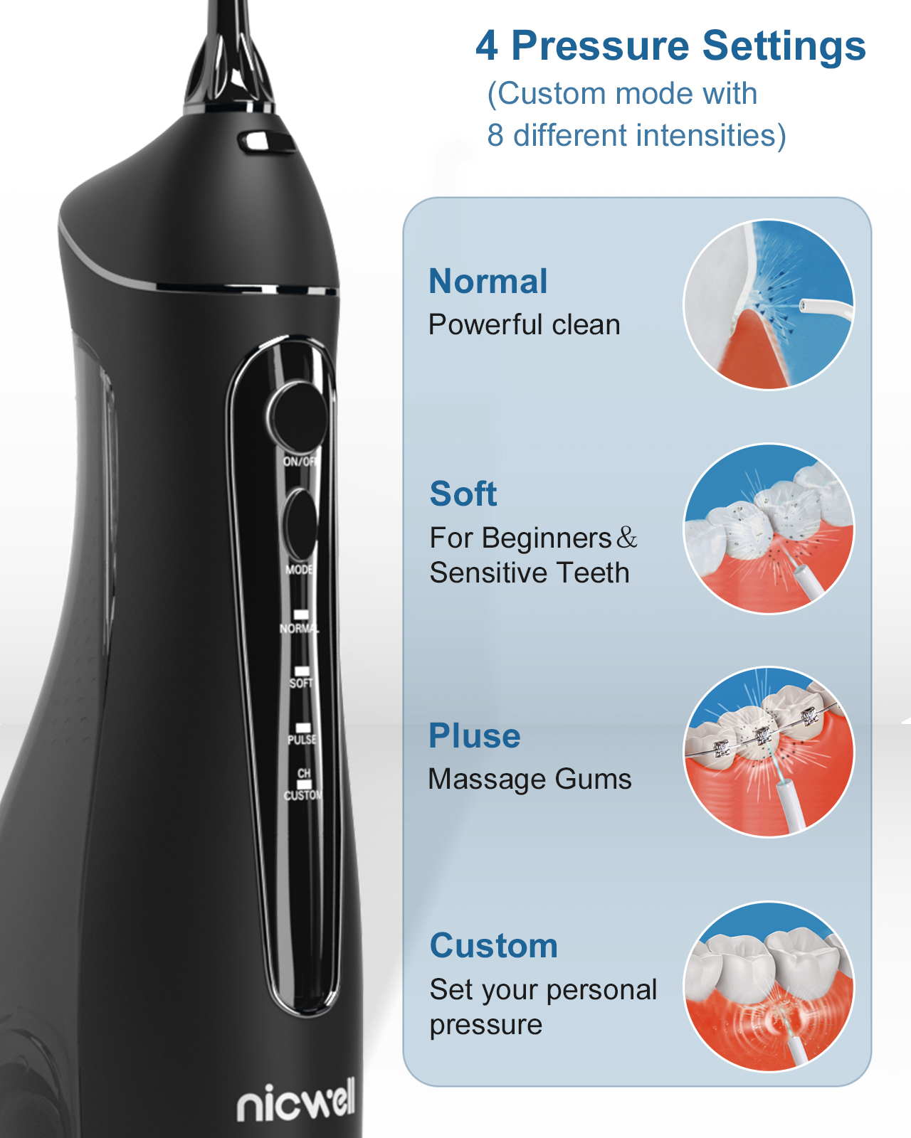Water Dental Flosser Cordless for Teeth - Nicwell 4 Modes Dental Oral Irrigator, Portable and Rechargeable IPX7 Waterproof Powerful Battery Life Water Teeth Cleaner Picks for Home Travel Black - image 5 of 6