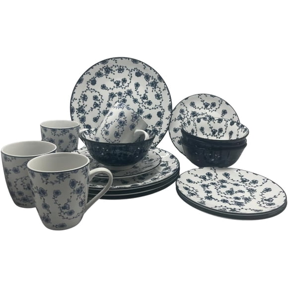 Royal Haus By Apolo | Vajilla de Cerámica Elegante de 16 Piezas: Taza, Tazon, Plato Ensaladero Y Plato Trinche 3A110 Azul