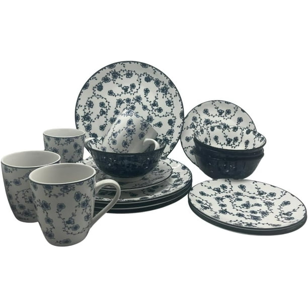 Royal Haus By Apolo | Vajilla de Cerámica Elegante de 16 Piezas: Taza, Tazon, Plato Ensaladero Y Plato Trinche 3A110 Azul