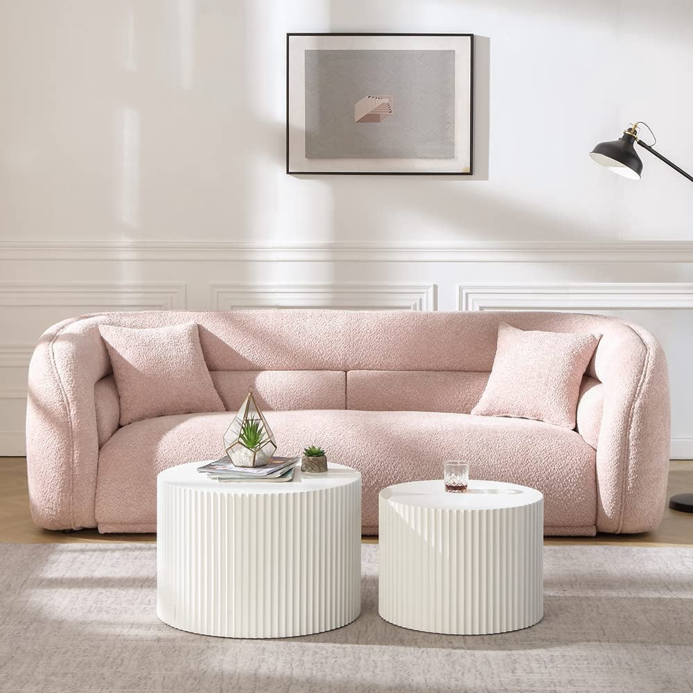 Williamspace 90.6" Modern Velvet Curved Sofa Couch,Luxury Boucle Fabric Sofa with 2 Throw Pillows for Living Room Apartment,Pink