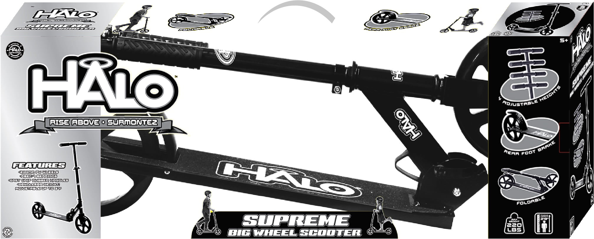 HALO Rise Above Supreme Big Wheel (8") Scooter - Black - Adults and Kids - Unisex