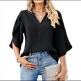 thumbnail image 2 of Blusa Holgada de con Cuello en V y Mangas 3/4 con Volantes para Mujer, Color Negro, Talla L, 2 of 6
