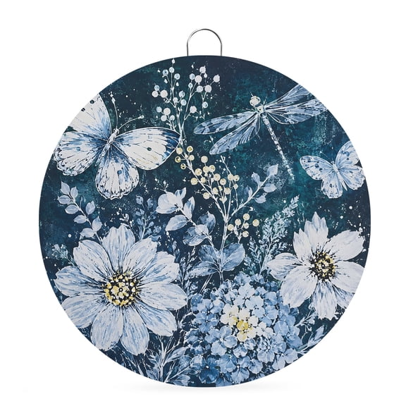 Welcome Sign for Front Door, Boho Daisy Floral Round Metal Wall Art Wreaths, Dark Blue Abstract Butterfly Dragonfly Outdoor Indoor Wall Hanging Sign for Porch Decor Housewarming Gifts 5.9 Inch
