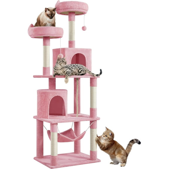 HYJY Cat Tree, 70.5in Cat Tower for Indoor Cats, Multi Level Cat Condo Activity Center Play House with Hammock, 2 Plush Perches, Dangling Ball, Pink