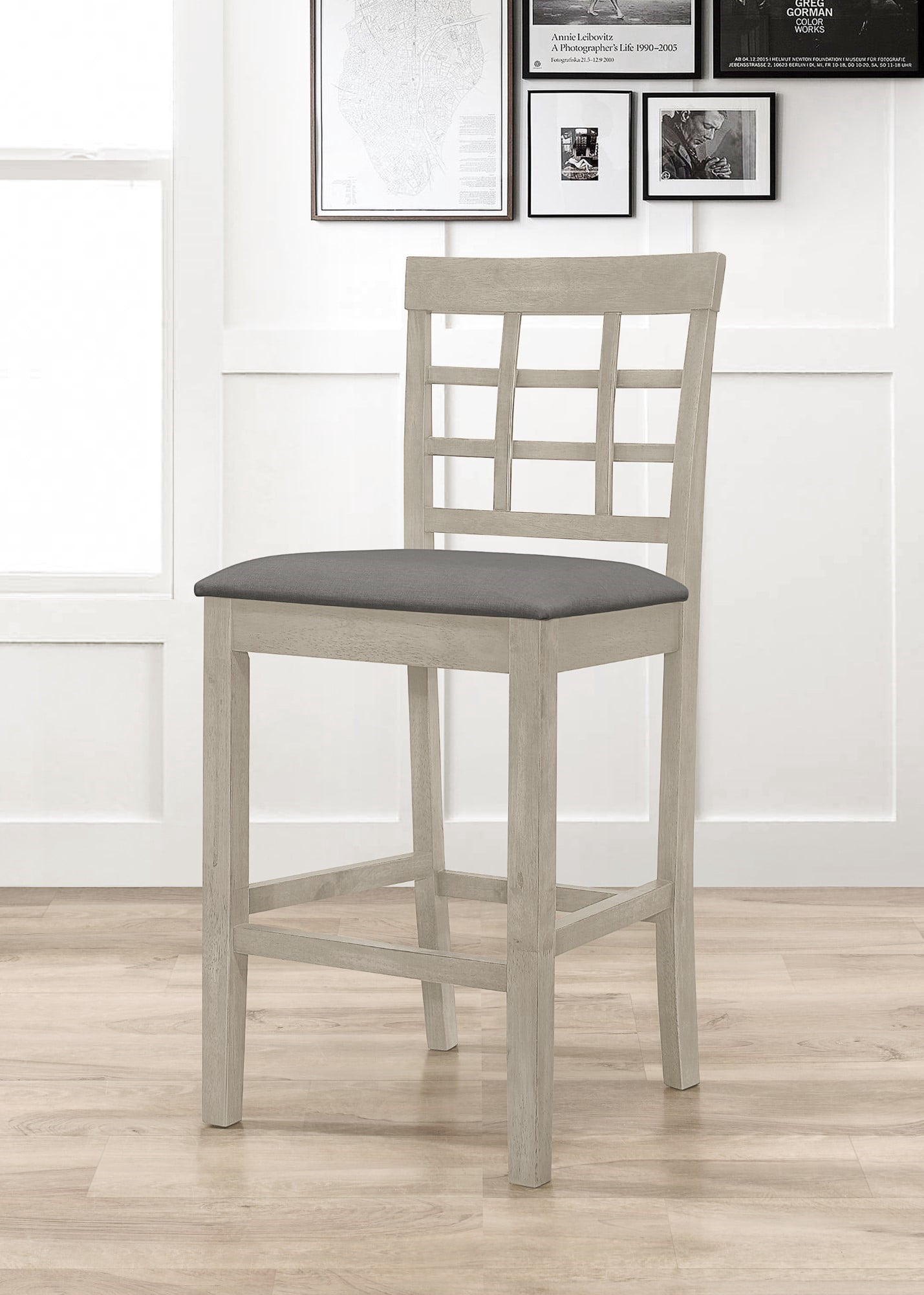 Home Design Azalea 5-Piece Counter Set, Antique Gray/Gray, Square Table with Slat-Back Cushioned Chairs, Modern Minimalist Style