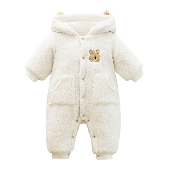 Jumpsuit White Onesie Baby Girl Long Sleeve Button down Hooded Jumpsuit with Bear Ears Warm Clothes for Baby Girl Boy Clothes 0-3 Months