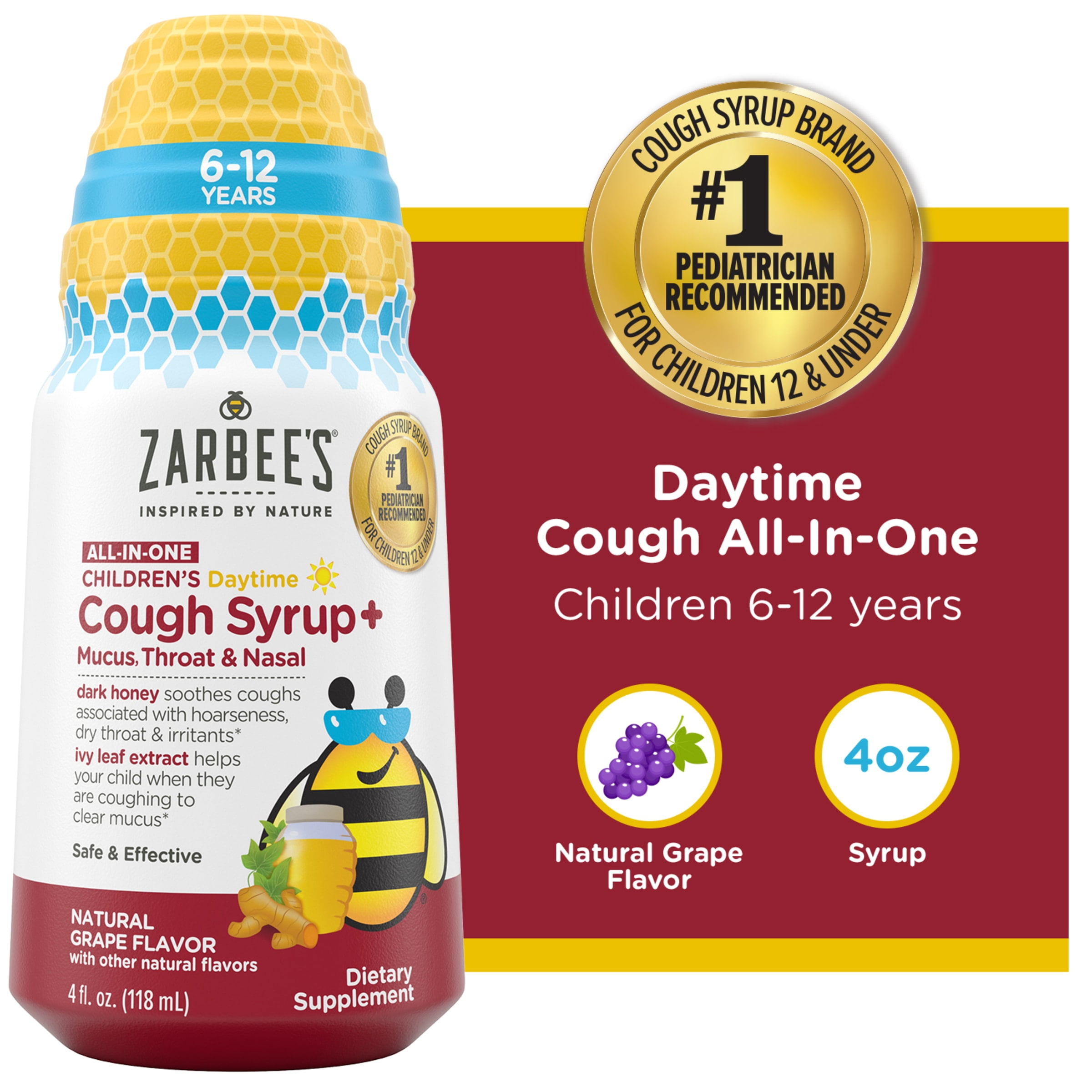 Zarbees Kids All-in-One Daytime Cough, Age 6-12, Honey, Turmeric, B3,6,12 & Zinc, Grape, 4FL Oz