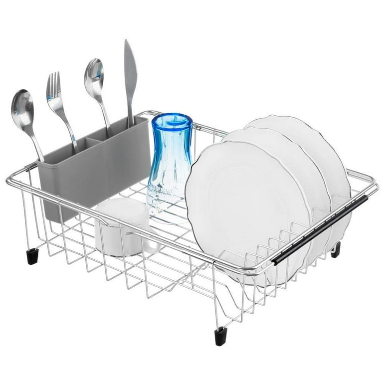 Sanno Dish Rack Over Sink, Expandable Dish Drying Rack, Adjustable Dish Drainer on Counter with Utensil Silverware Storage Holder, Rustproof Stainless