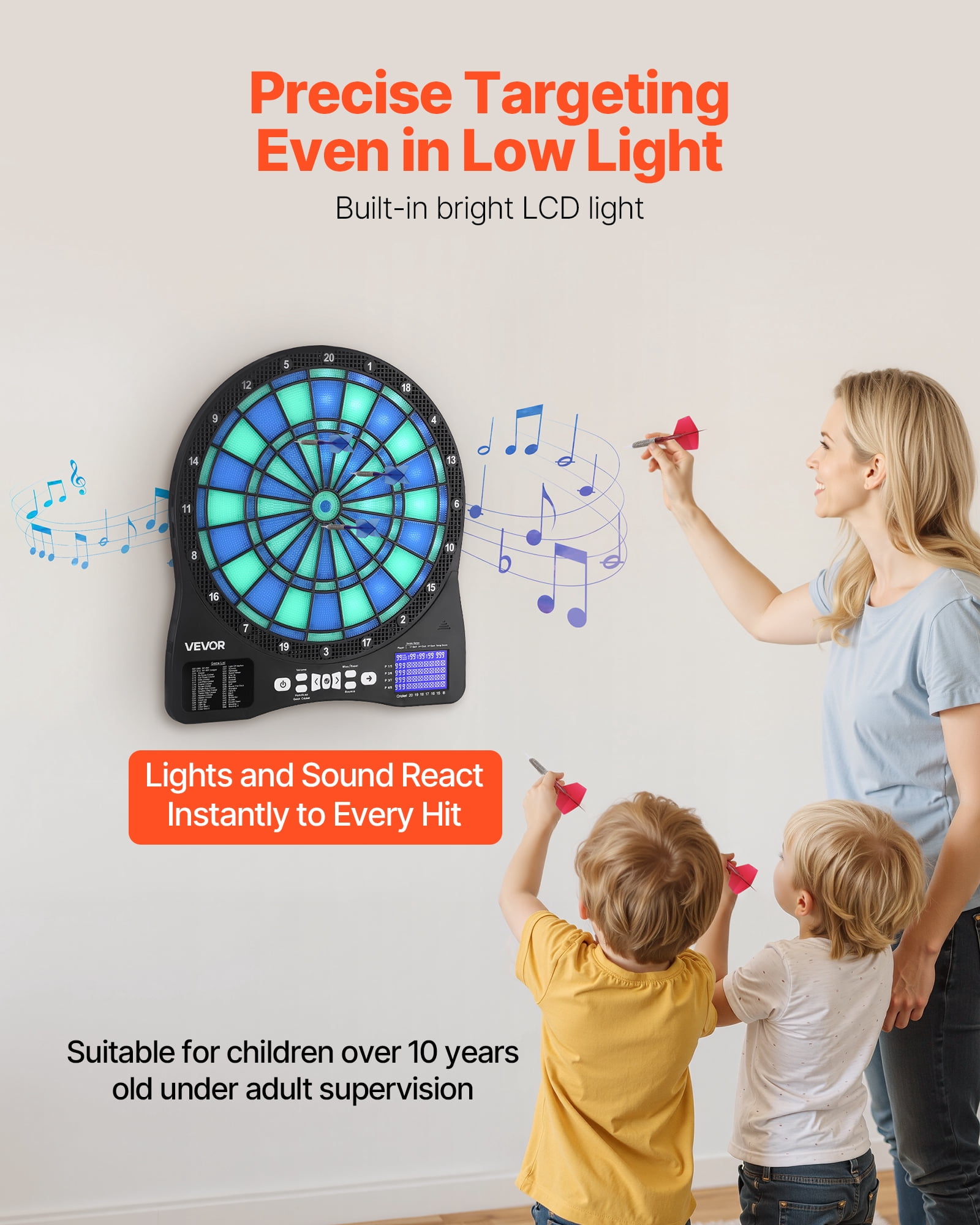 VEVOR Electronic Dart Board,LED-Illuminated Target Dartboard with 48 Games & 500+ Variations,Includes 6 Dart Shafts with Flights & 50 Soft Tips,Cricket Scoring LCD Screen - Supports Up to 8 Players