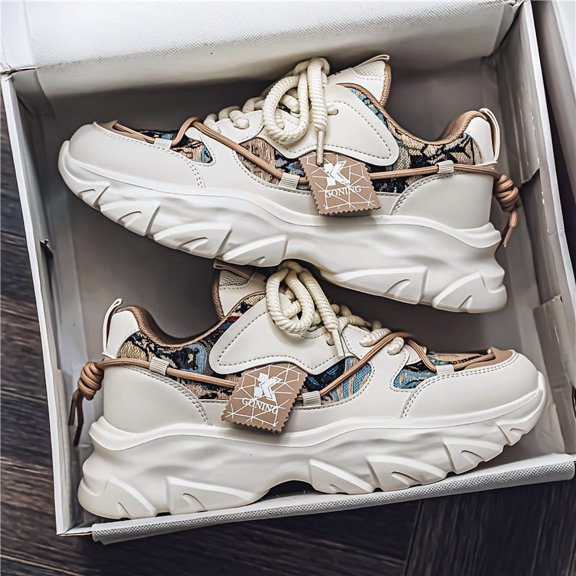 Men's Beige Printed Chunky Platform Dad Sneakers, Breathable Fashion Casual Walking Shoes, Non-Slip Athletic Shoes for Daily Wear