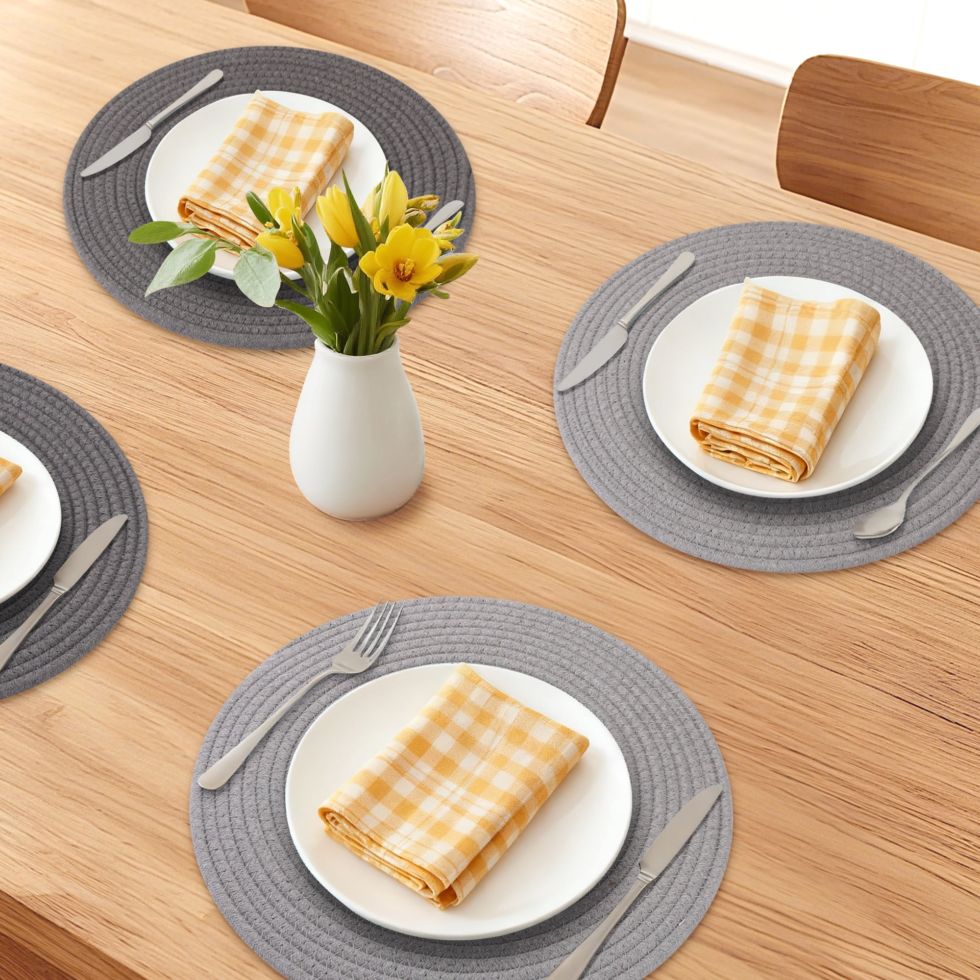 Unique Bargains 4Pcs Round Woven Table Placemats Light/Dark Gray 13x13inch