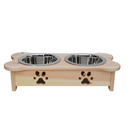 Indipets Inc Elevated Dog Food Diner with Paw Print in Natural Wooden Finish