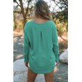 thumbnail image 4 of Women's Green Waffle Knit Splicing Buttons Long Sleeve Top, 4 of 14